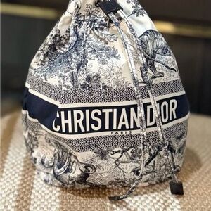 Dior White and Navy Toile Drawstring Crossbody Bag